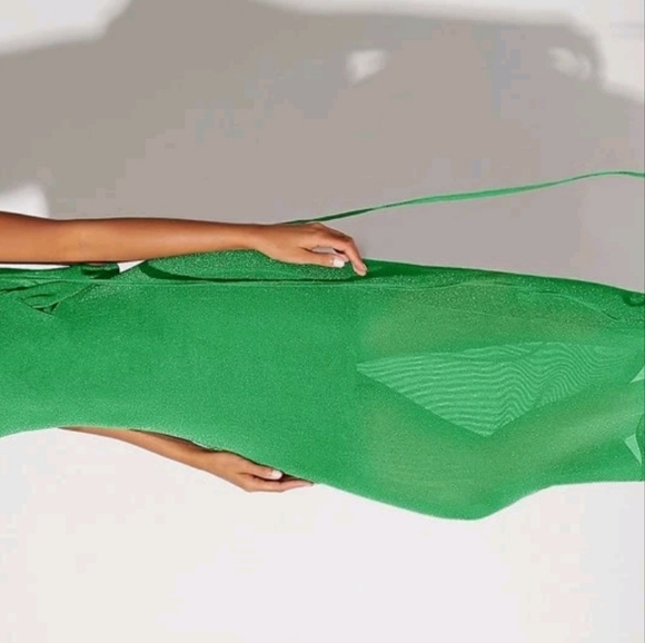 shein.Bae.Elegant Green Open Back Drawstring Shoulder Sparkly Dress Size L - Picture 5 of 12